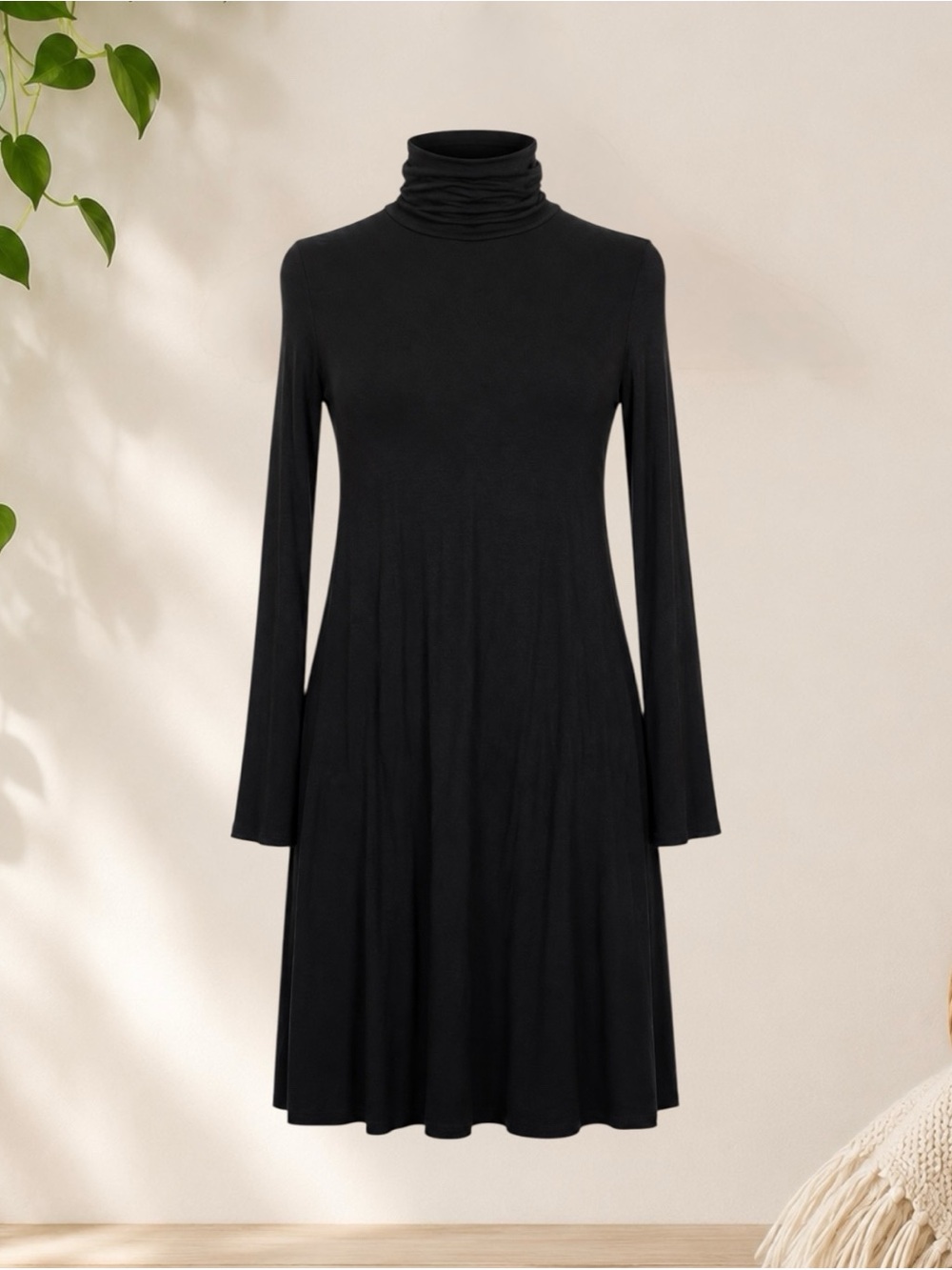 Karen Kane Black Long-Sleeve Turtleneck Swing Dress